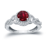 Dazzling Yaffie Gold Engagement Ring with 1ct Ruby and Sparkling 2/5ct TDW Round Diamond Halo.