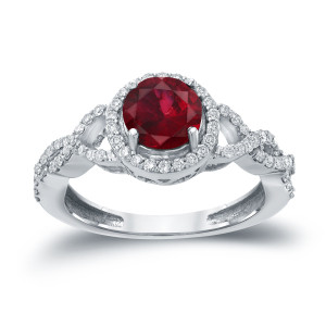 Dazzling Yaffie Gold Engagement Ring with 1ct Ruby and Sparkling 2/5ct TDW Round Diamond Halo.