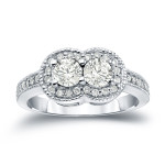 Gold Yaffie Ring with 1ct TDW and 2 Halo Cut Diamonds in Round Shape - Perfect for Engagement!