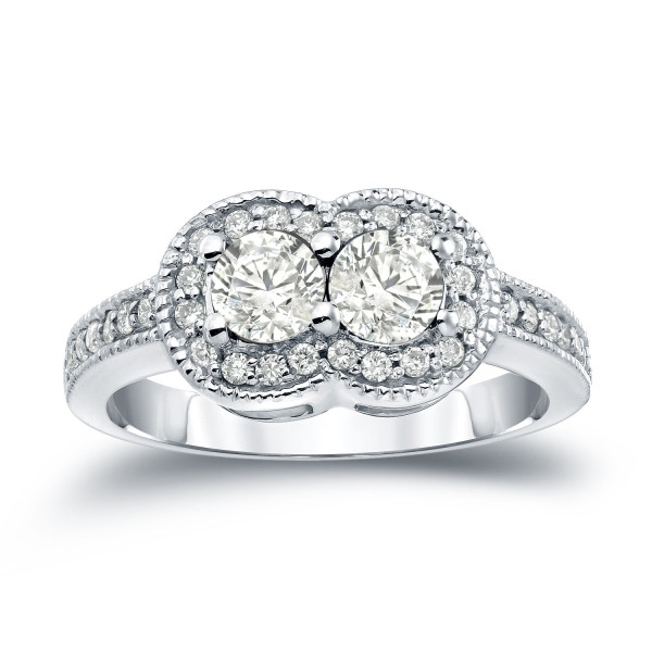Gold Yaffie Ring with 1ct TDW and 2 Halo Cut Diamonds in Round Shape - Perfect for Engagement!