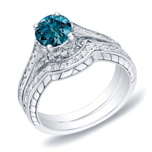 Gold and Blue Diamond Curved Bridal Ring Set by Yaffie, featuring 1ct TDW