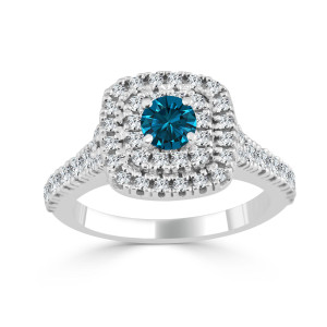 Double the Halo, Double the Love: Blue Round Diamond 1ct TDW Engagement Ring by Yaffie Gold.