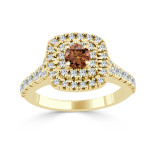 Golden Yaffie with 1 Carat of Brown Round Diamonds, Double Halo Engagement Ring