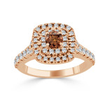 Golden Yaffie with 1 Carat of Brown Round Diamonds, Double Halo Engagement Ring