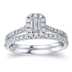 Certified Emerald Diamond Bridal Ring Set with Yaffie Gold Halo - 1ct TDW