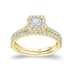 Certified Princess Diamond Halo Bridal Ring Set - Yaffie Gold 1ct TDW