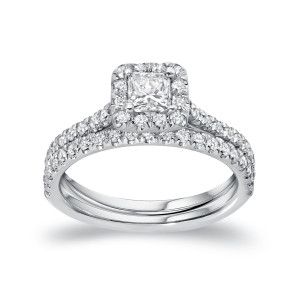 Certified Princess Diamond Halo Bridal Ring Set - Yaffie Gold 1ct TDW