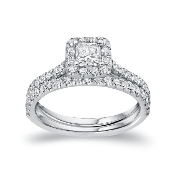 Certified Princess Diamond Halo Bridal Ring Set - Yaffie Gold 1ct TDW