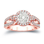 Certified Round Cut Diamond Halo Engagement Ring - Yaffie Gold 1ct TDW