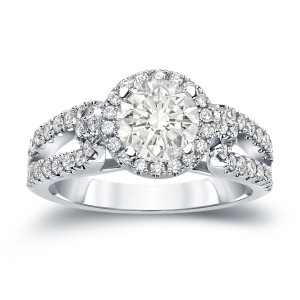 Certified Round Cut Diamond Halo Engagement Ring - Yaffie Gold 1ct TDW