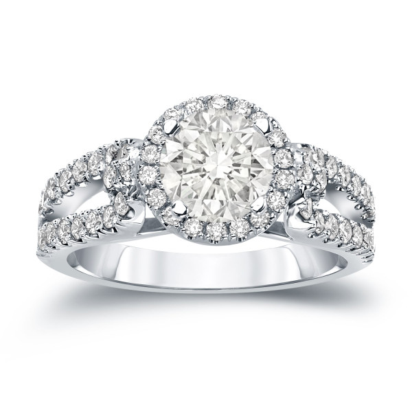 Certified Round Cut Diamond Halo Engagement Ring - Yaffie Gold 1ct TDW