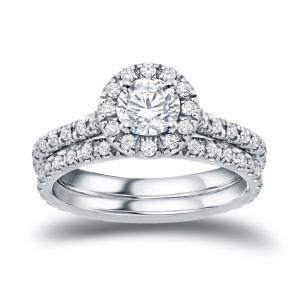 Golden Yaffie Bridal Ring Set with 1ct TDW Round Diamond surrounded by a Halo