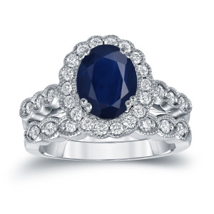 Blue Sapphire and Diamond Bridal Ring Set with Yaffie Gold Oval Elegance