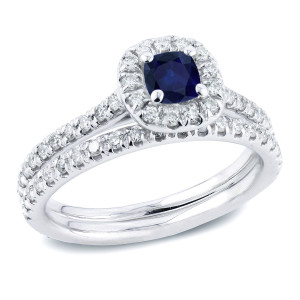 Blue Sapphire & Diamond Bridal Ring Set - Yaffie Gold