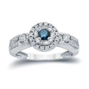 Blue and White Diamond Engagement Ring with Yaffie Gold Halo, 2/5ct TDW