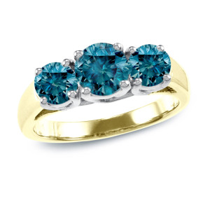 Gold Yaffie Ring featuring 2ct of Brilliant Blue Round Diamonds in a Three-stone setting