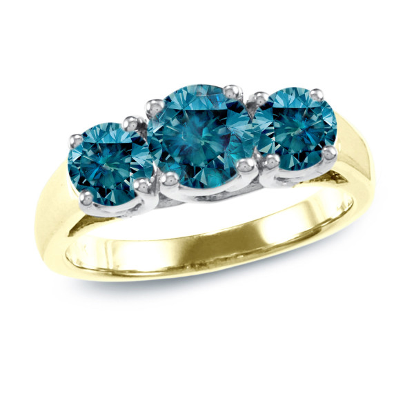 Gold Yaffie Ring featuring 2ct of Brilliant Blue Round Diamonds in a Three-stone setting