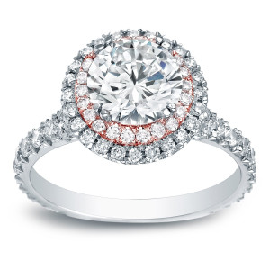 Certified White Diamond Halo Engagement Ring - Yaffie Gold 2ct TDW