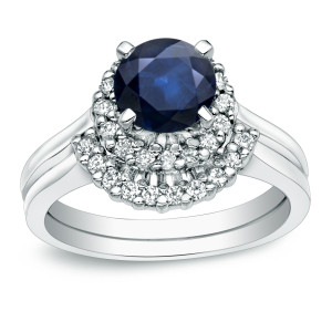 Blue Sapphire and Diamond Bridal Ring Set with Yaffie Gold
