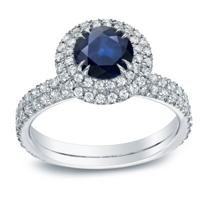 Sapphire and Diamond Halo Engagement Ring with a 3/4ct Blue Gem and 1ct Total Weight