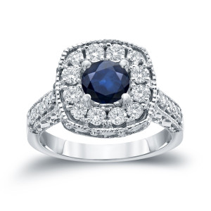 Dazzling Blue Sapphire and Diamond Halo Engagement Ring, Yaffie Gold