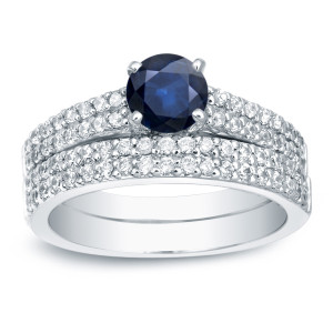 Gold Bridal Ring Set with 3/4ct Blue Sapphire and 3/4ct TDW Sparkling Diamonds by Yaffie