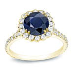 Blue Sapphire and Round Diamond Engagement Ring with Yaffie Gold