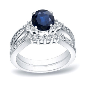 Sparkling Yaffie Gold Bridal Set with Blue Sapphire and Round Cut Diamond