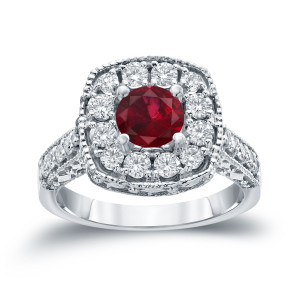 Engage in Radiance: Yaffie Gold Ruby and Diamond Halo Ring