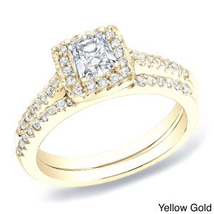Princess Cut Diamond Halo Bridal Ring Set - Yaffie Gold, Certified 3/4ct TDW