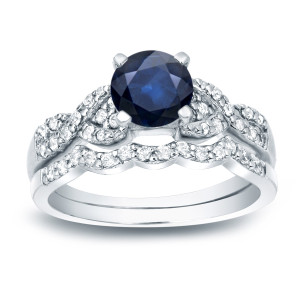 Sparkling Blue Sapphire and Diamond Bridal Ring Set by Yaffie Gold (3/5ct and 2/5ct TDW)