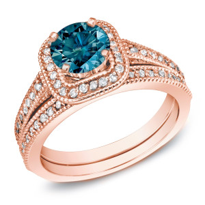Rose Gold Bridal Ring Set with 1ct TDW Blue Diamond by Yaffie