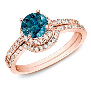 Rose Gold Bridal Ring Set with 1ct TDW Blue Diamond by Yaffie