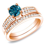 Rose Gold Bridal Ring Set with 1ct TDW Blue Diamond by Yaffie