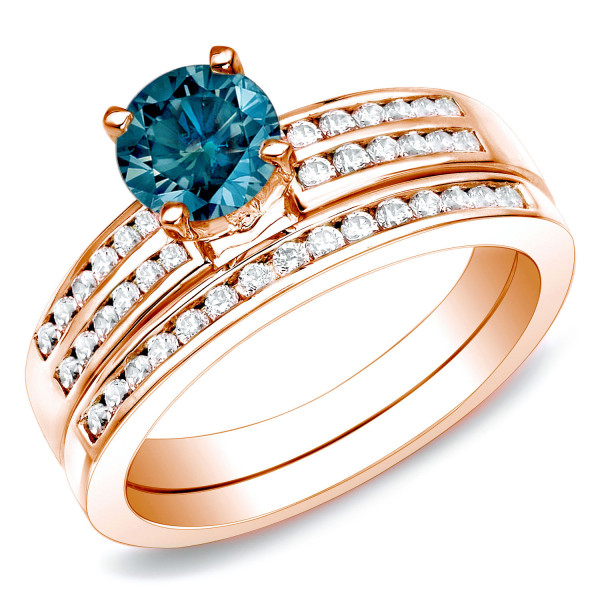 Rose Gold Bridal Ring Set with 1ct TDW Blue Diamond by Yaffie