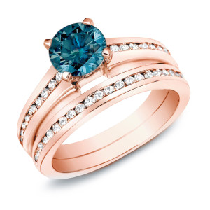 Rose Gold Bridal Ring Set with 1ct TDW Blue Diamond by Yaffie