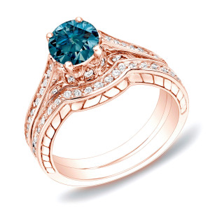 Rose Gold Bridal Ring Set with Stunning 1ct Blue Diamonds from Yaffie