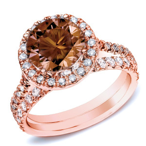 Brown Round Diamond Halo Bridal Ring Set with 1ct TDW in Yaffie Rose Gold