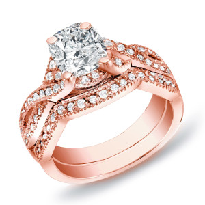 Certified Cushion Diamond Bridal Ring Set with 1ct TDW in Yaffie Rose Gold