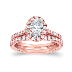 Certified Oval Diamond Halo Bridal Ring Set - Yaffie Rose Gold, 1ct TDW