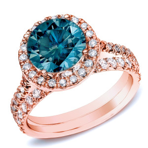 Rose Gold Halo Bridal Ring Set with 1ct TDW Round Diamond from Yaffie