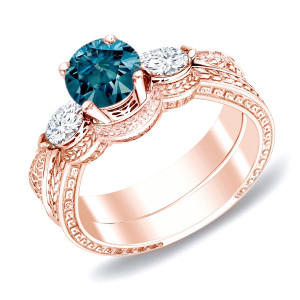 Rose Gold Bridal Ring Set with Stunning Blue Diamond | 4/5ct TDW