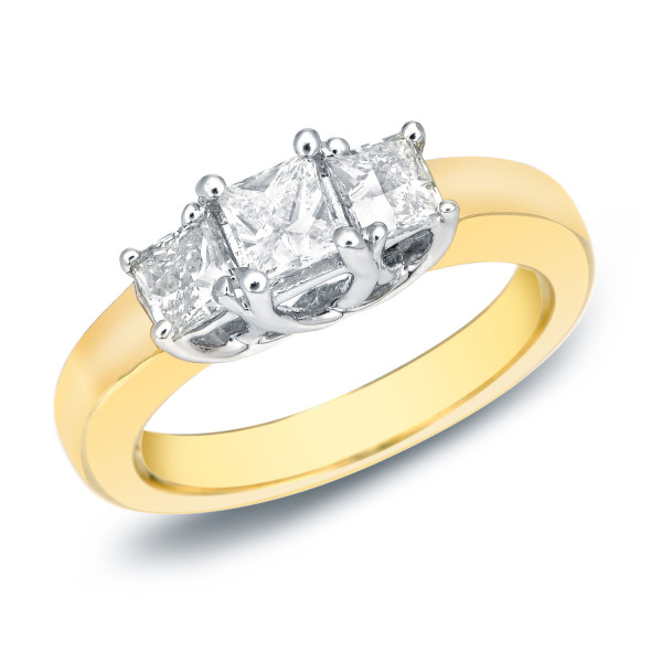 Princess Cut Diamond Ring with 3 Stones in Two-Tone Gold, 3/4ct Total Weight