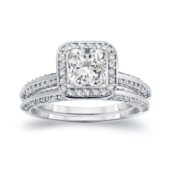 Certified Princess-cut Diamond Halo Bridal Ring Set with Yaffie 1 1/2ct TDW White Gold Sparkle