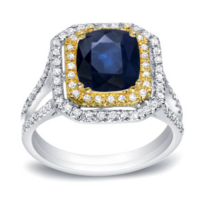 Elegant Blue Sapphire and Diamond Ring with White Gold Finish