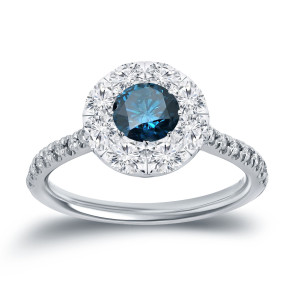 White Gold Yaffie Engagement Ring with a Dazzling 1 1/6ct Total Diamond Weight Blue and White Halo