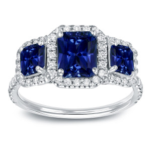 Sparkling Blue Sapphire and Diamond Halo Ring in White Gold, 2.25ct Total Weight