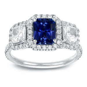 Blue Sapphire and Halo Diamond Ring with 1ct White Gold and 1 1/4ct Total Diamond Weight by Yaffie