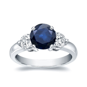 White Gold Blue Sapphire and Diamond Three Stone Ring from Yaffie with 1ct and 3/4ct TDW