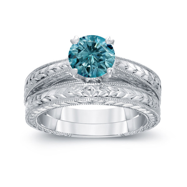 Bridal Ring Set with Blue Diamond and White Gold by Yaffie, 1ct TDW
